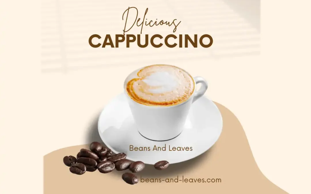 Scattered roasted coffee beans next to the cappuccino in the classic cup, highlighting the source of its rich aroma and flavor.